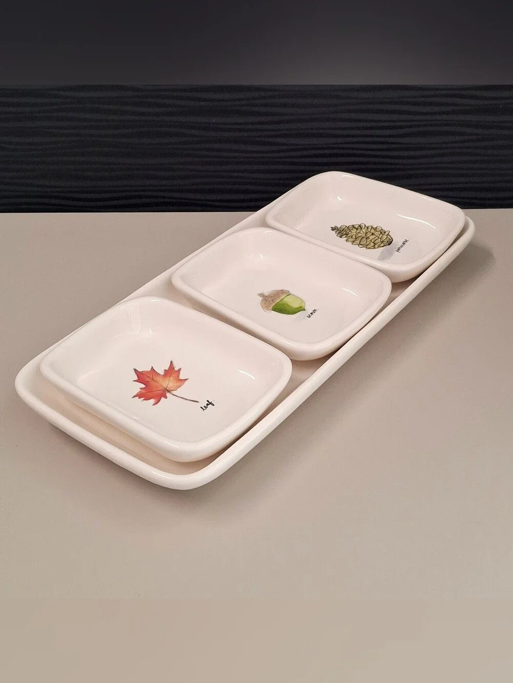 Rae Dunn Magenta 4 PC Serving Platter Appetizer Dish Nibbles Leaf/Acorn/Pinecone